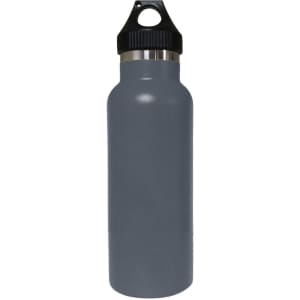 A drink bottle in grey with a black lid, featuring a double wall vacuum design and a logo.