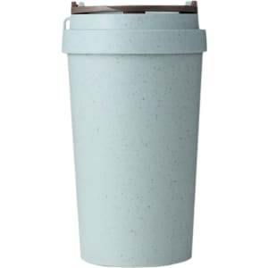A drink bottle in a light blue colour with a double wall design, made from wheat straw. Features a logo.