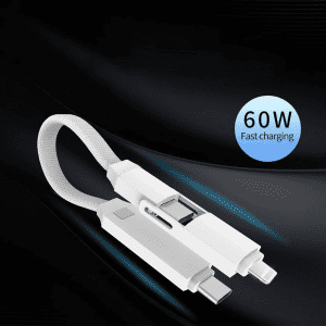 A 60W 3-in-1 ABS charging cable in white, featuring multiple connectors and a sleek design, displayed on a dark background.