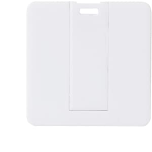 A square white flash drive featuring a retractable connector and a logo on its surface.