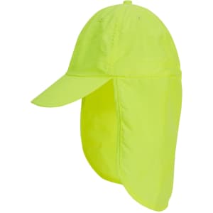 A bright yellow baseball cap with a neck flap, featuring a protective design and a logo on the front.