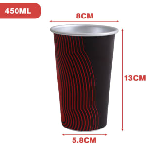 A drink cup featuring a black exterior with red wavy lines, measuring 13cm tall and 8cm wide, with a metallic interior.