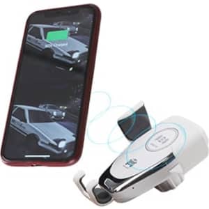 A wireless car charger in white, designed for smartphones, alongside a phone displaying a vehicle image.