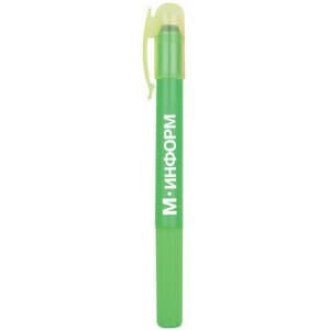 A green highlighter crayon with a transparent cap and a ribbed barrel, featuring a logo.