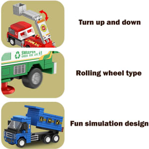 A set of colourful building blocks featuring various toy vehicles, including a fire truck, garbage truck, and more.