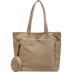 A beige canvas tote bag with two handles, featuring front pockets and a detachable round pouch.
