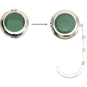 A silver foldable desk hook with a green mirror, featuring a chain attachment for easy hanging.