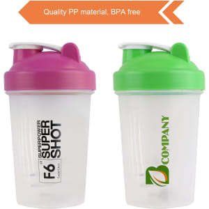 A drink bottle set featuring two BPA-free shaker bottles, one pink and one green, made from quality PP material.