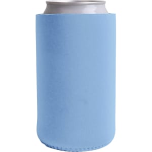 A drink bottle holder in light blue, designed to fit standard cans, featuring a simple, smooth finish and a logo.