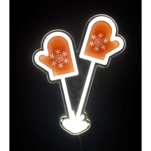 A neon LED sign featuring two orange mittens with white snowflake designs, illuminated against a dark background.