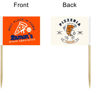 A set of 100 labelling stick flags featuring an orange pizza graphic on one side and a cartoon pizza with a logo on the other.