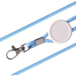 A blue and white lanyard with a retractable badge holder and a metal clip. It features a simple logo on the badge holder.