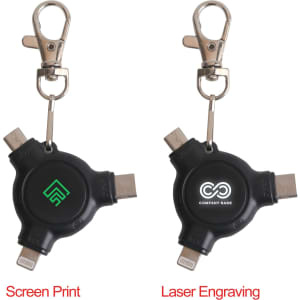 A black, three-in-one ABS data blocker with keyring attachments and various charging connectors. Includes branding.