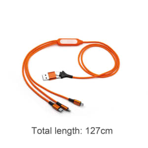 An orange 6-in-1 charging cable with multiple connectors and a light feature, measuring 127 cm in total length.