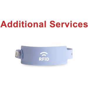 A light blue disposable PVC wristband featuring an RFID symbol and a logo.