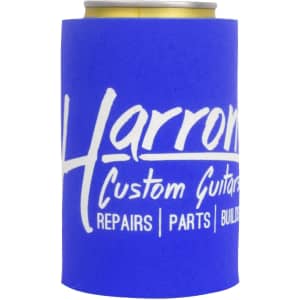 A drink bottle stubby holder in blue with a logo featuring text related to guitar repairs and parts.