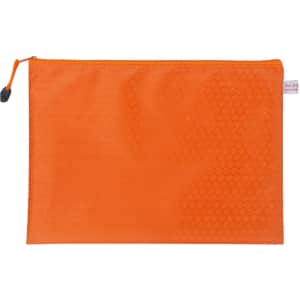 An orange laptop bag with a textured honeycomb pattern and a zip closure. It features a logo on the side.