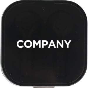 A pair of black square true wireless earbuds contained in a matching charging case with a logo.