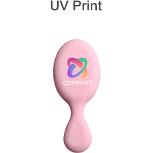 A pink mini paddle brush with a branding logo on the handle.