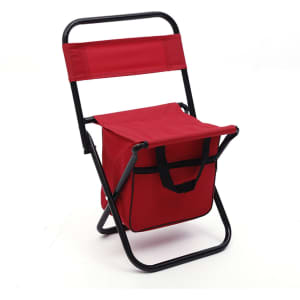 A red foldable camping chair with a black frame and an attached bag underneath.