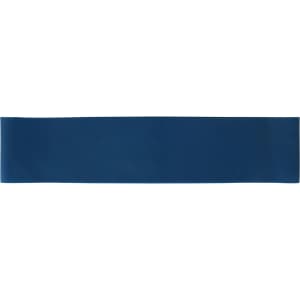 A blue latex fitness resistance band lies flat against a white background. It features a logo.