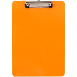 An orange clipboard with a metal clip at the top.