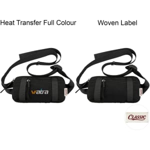 A black travel fanny pack with adjustable straps and a woven label, featuring two design options.