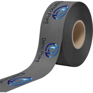 A roll of grey ribbon featuring printed logos and branding. The ribbon is smooth and shiny.