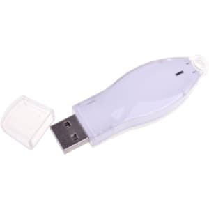 A clear, elongated flash drive with a removable cap, featuring a USB connector.