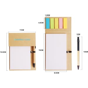 A memo pad with a ballpoint pen, featuring a kraft finish and multicoloured sticky notes. Includes a logo.