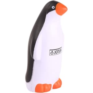 A penguin-shaped stress reliever in black, white, and orange, featuring a logo on its body.
