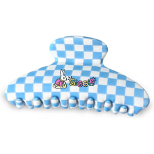 A blue and white checkered hair clip with a cartoon logo on the front. Features a unique design with a textured grip.