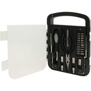 A black 22 in 1 hand tool set with pliers, various bits, and a handle, presented in a compact case.