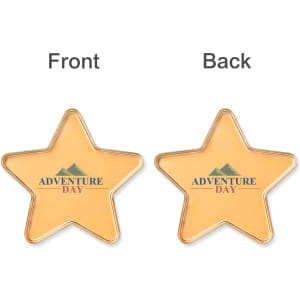 A star-shaped coaster in gold with a logo. The front displays text, while the back is plain.