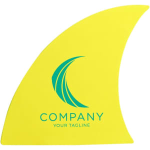 A bright yellow foam mitt with a logo, shaped like a shark fin.