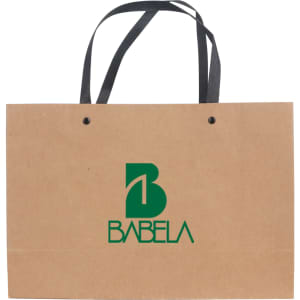 A small brown paper bag with a knitted handle and a logo printed on the front.