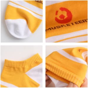 Yellow low cut socks with white stripes and a logo, featuring a comfortable ribbed cuff and soft fabric.