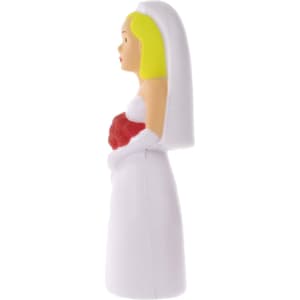 A white stress reliever shaped like a bride in a wedding dress, featuring blonde hair and a red bouquet.