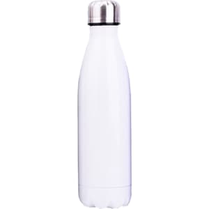 A drink bottle in white stainless steel with a silver lid and a logo on its surface.