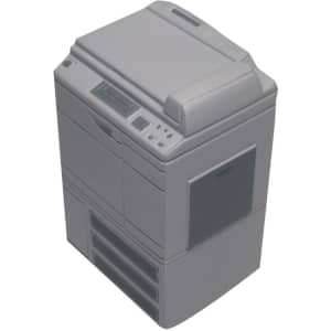 A grey photocopier-shaped stress reliever with a simple design and a small logo.