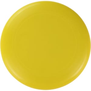 A yellow frisbee with a circular design and a subtle texture. It features a logo.