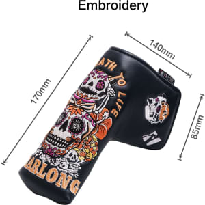 A black custom blade putter cover with colourful embroidered designs, featuring floral and skull motifs, and dimensions indicated.