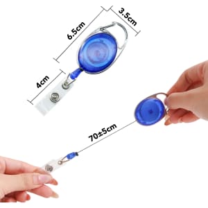 A retractable oval card holder in blue, featuring a metal clip and a clear retractable attachment.