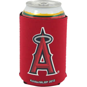 A drink can nestled in a red foldable stubby holder with a logo.