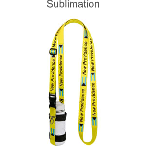A drink bottle holder strap sling in bright yellow with a logo, designed for carrying a water bottle.
