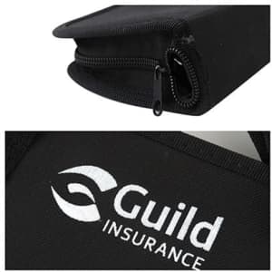 A black pouch with a zip closure, featuring a logo.