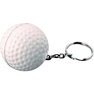 A white golf ball stress reliever attached to a silver keyring. It features a textured surface and a small chain.