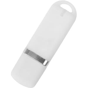 A white Kurtz flash drive with a silver band, featuring a logo on its surface.