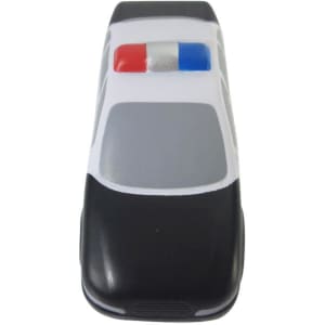 A police car-shaped stress reliever in black and white with red and blue lights on top.