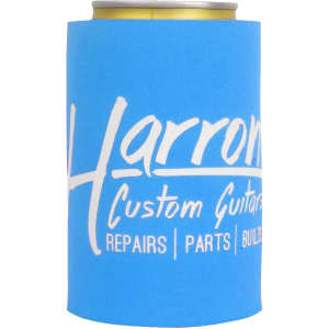 A drink bottle holder in bright blue, featuring a logo, designed to fit standard cans.